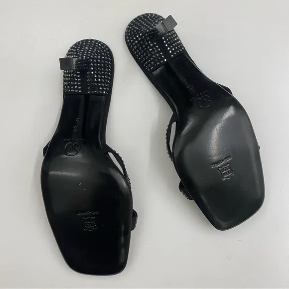 St. John || Crystal Rhinestone Embellished Black Satin Heels Slides Sandals 8.5