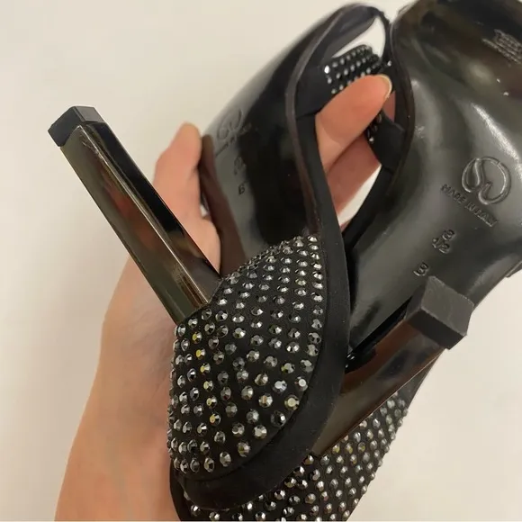 St. John || Crystal Rhinestone Embellished Black Satin Heels Slides Sandals 8.5