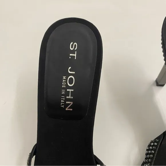 St. John || Crystal Rhinestone Embellished Black Satin Heels Slides Sandals 8.5