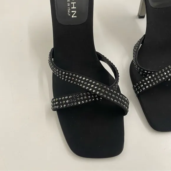 St. John || Crystal Rhinestone Embellished Black Satin Heels Slides Sandals 8.5