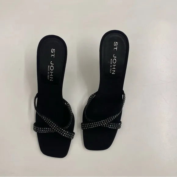 St. John || Crystal Rhinestone Embellished Black Satin Heels Slides Sandals 8.5