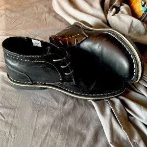 Steve Madden - black chukkka boots, white stitching, men’s size 9