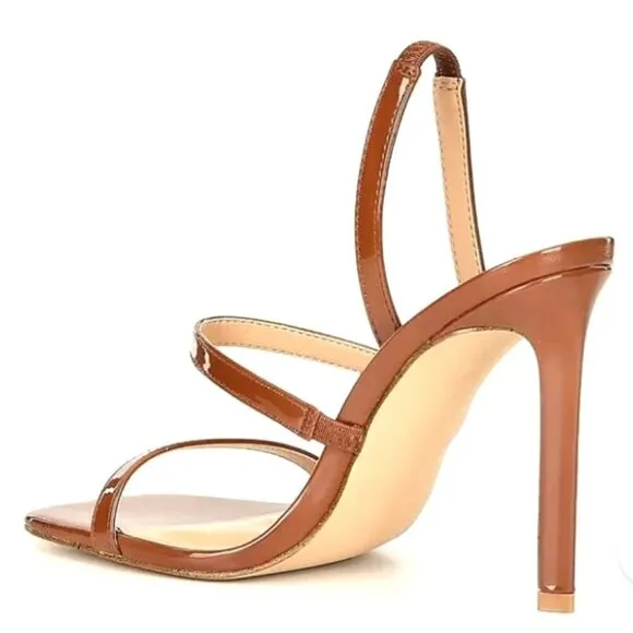 STEVE MADDEN GRACEY Women's Strappy Slingback Heeled Sandals Cognac Patent