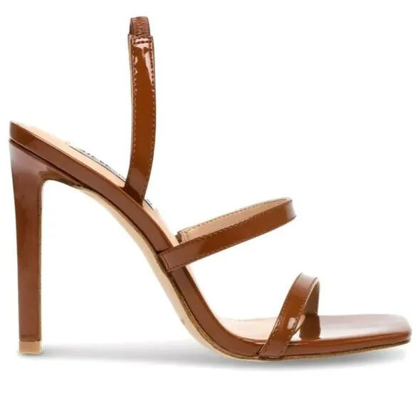 STEVE MADDEN GRACEY Women's Strappy Slingback Heeled Sandals Cognac Patent