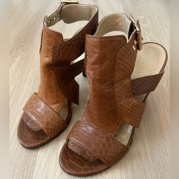 Stuart Weitzman Brown Safety Toffee King Cobra Sandals