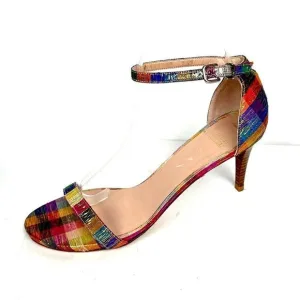 STUART WEITZMAN Metallic Rainbow Plaid Leather Ankle Strap Nunaked Sandals 9,5