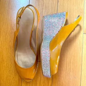 Stuart Weitzman Mustard Yellow Wedge Sandals with Jewel Bling Heels 9