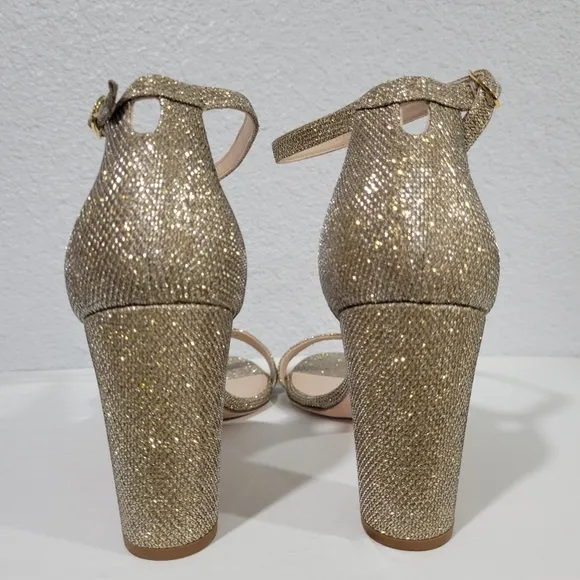 Stuart Weitzman Nearlynude Block Heel Glitter Sandals, Sz 11.5
