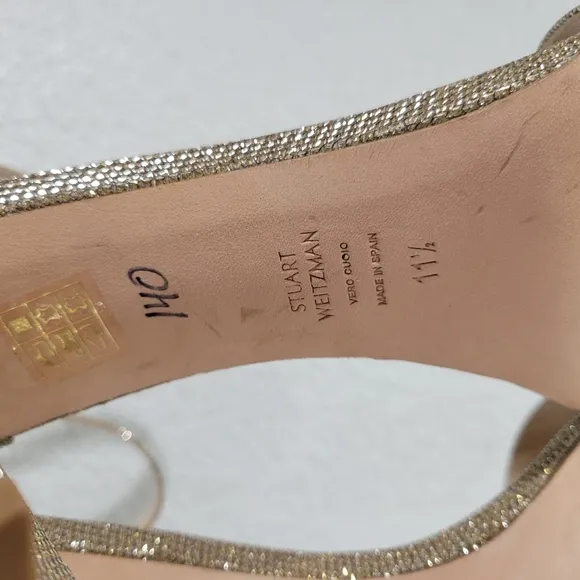 Stuart Weitzman Nearlynude Block Heel Glitter Sandals, Sz 11.5