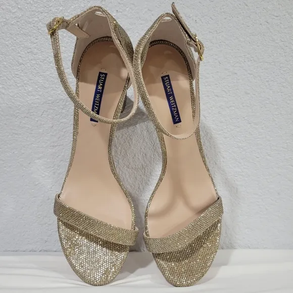 Stuart Weitzman Nearlynude Block Heel Glitter Sandals, Sz 11.5