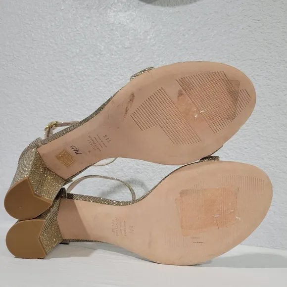 Stuart Weitzman Nearlynude Block Heel Glitter Sandals, Sz 11.5