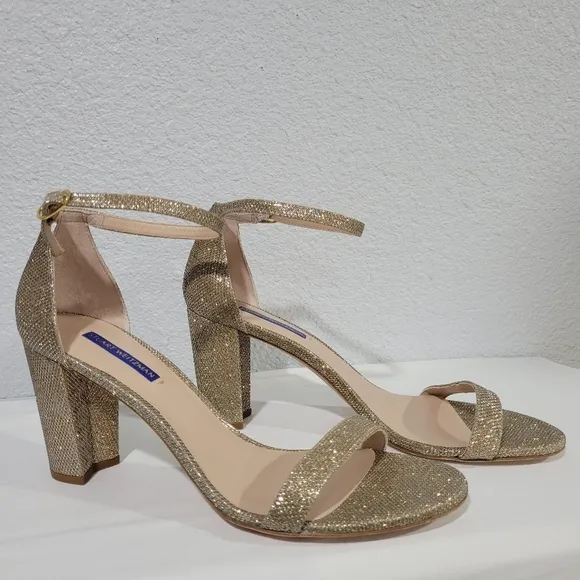 Stuart Weitzman Nearlynude Block Heel Glitter Sandals, Sz 11.5