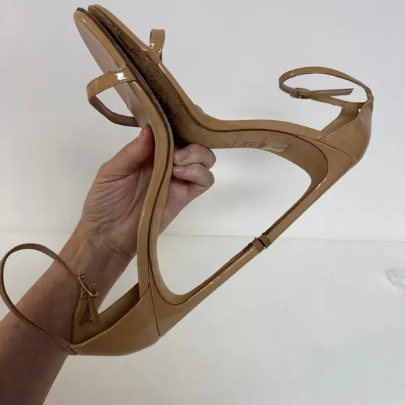 Stuart Weitzman Patent Leather Sandals Stiletto Heels Neutral Beige Nude US 9.5