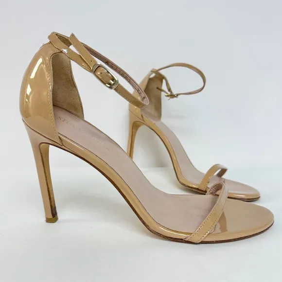 Stuart Weitzman Patent Leather Sandals Stiletto Heels Neutral Beige Nude US 9.5