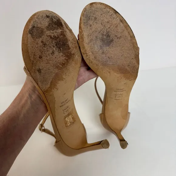 Stuart Weitzman Patent Leather Sandals Stiletto Heels Neutral Beige Nude US 9.5