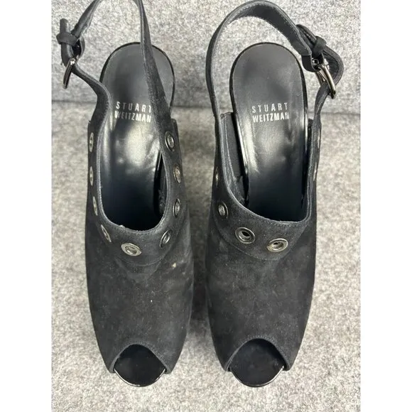 Stuart Weitzman Sandals Heels Women's 8.5M  Black Velvet Leather 5 1/8in Plateau