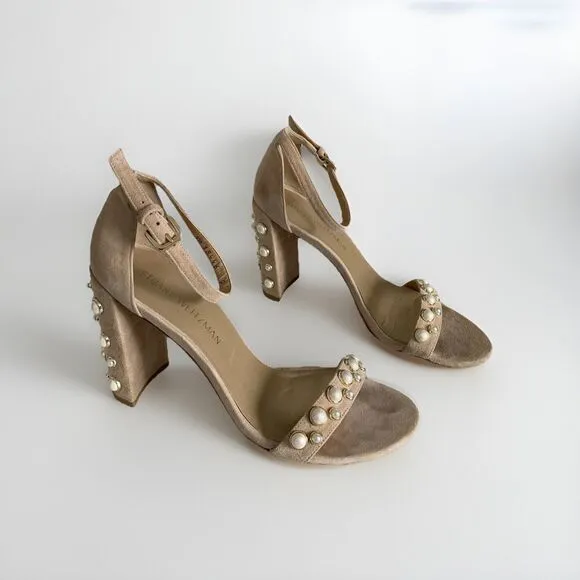 Stuart Weitzman Sz 9 More Pearls Suede Nude Tan Bisque Beige Shoe Sandals Heels