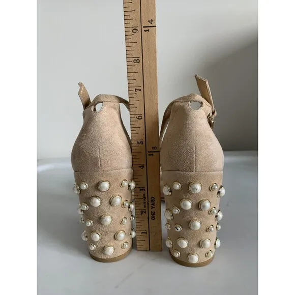 Stuart Weitzman Sz 9 More Pearls Suede Nude Tan Bisque Beige Shoe Sandals Heels