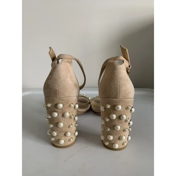 Stuart Weitzman Sz 9 More Pearls Suede Nude Tan Bisque Beige Shoe Sandals Heels