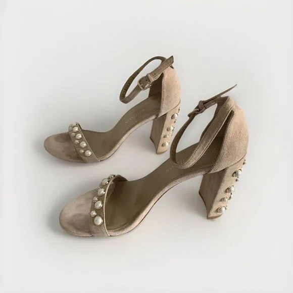 Stuart Weitzman Sz 9 More Pearls Suede Nude Tan Bisque Beige Shoe Sandals Heels
