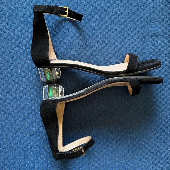 Stuart Weitzman Women's Black Suede Sandals With Lucite Heels Size 10.5
