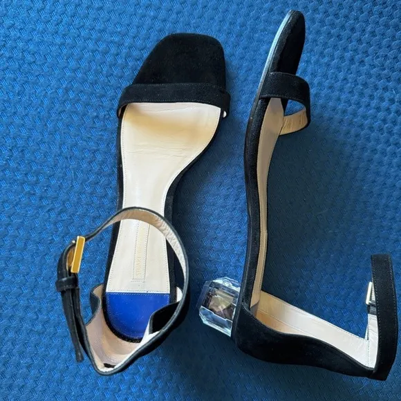 Stuart Weitzman Women's Black Suede Sandals With Lucite Heels Size 10.5