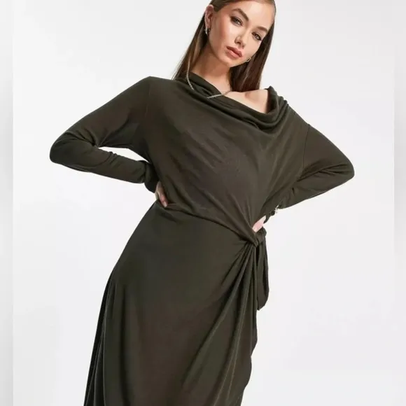 Ted Baker olive green long sleeve cinched midi dress