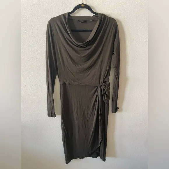 Ted Baker olive green long sleeve cinched midi dress