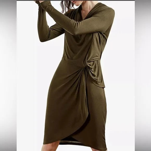 Ted Baker olive green long sleeve cinched midi dress