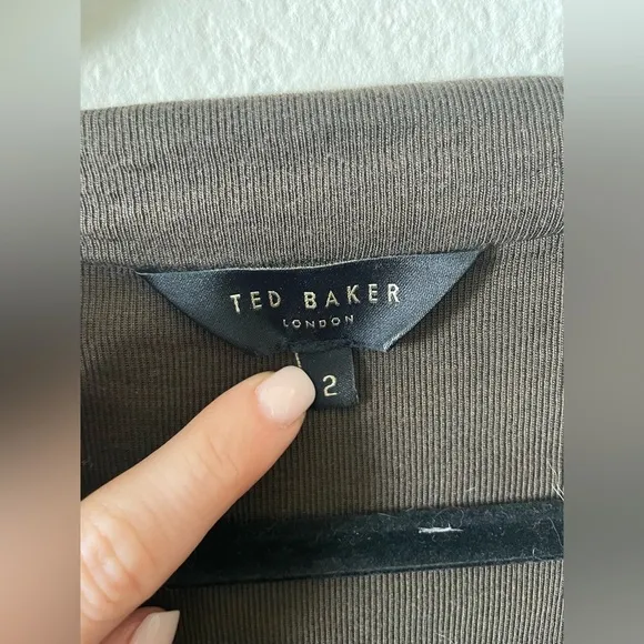 Ted Baker olive green long sleeve cinched midi dress