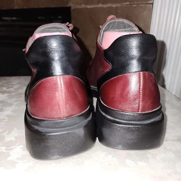 TKS CONTEMPORARY SHOES Sz 8 RARE Maroon Black Leather Chunky Y2K Vtg Punk Shoes