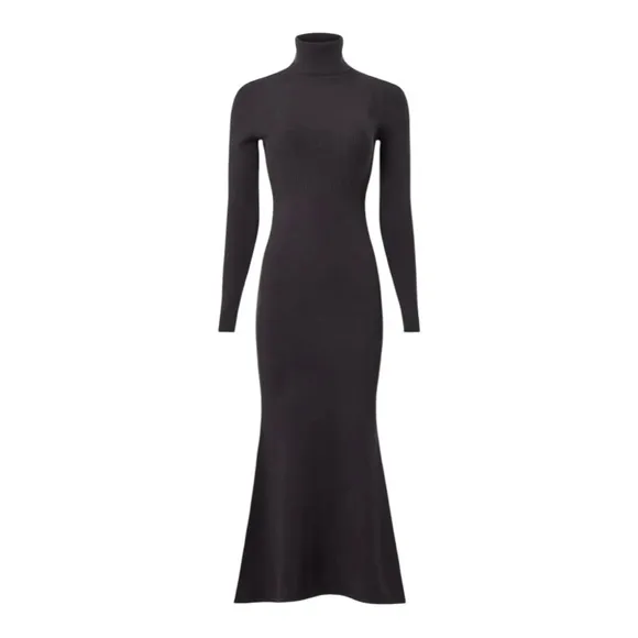 Toccin Ribbed Turtleneck Sweater Dress Midi Long Sleeve in Gray/Black Knit Small