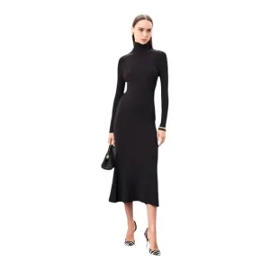 Toccin Ribbed Turtleneck Sweater Dress Midi Long Sleeve in Gray/Black Knit Small