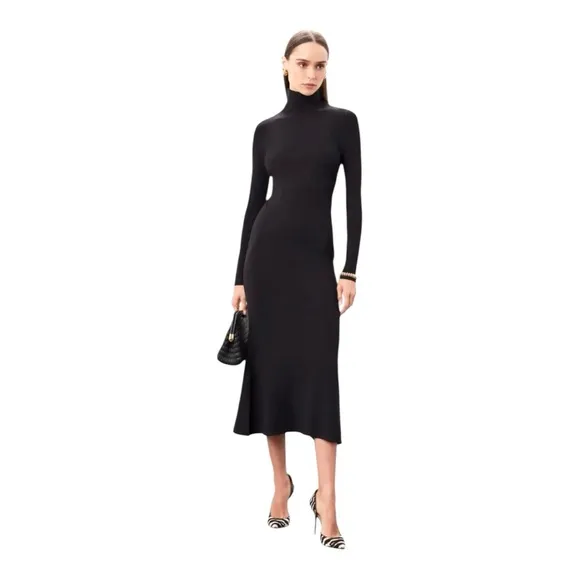 Toccin Ribbed Turtleneck Sweater Dress Midi Long Sleeve in Gray/Black Knit Small