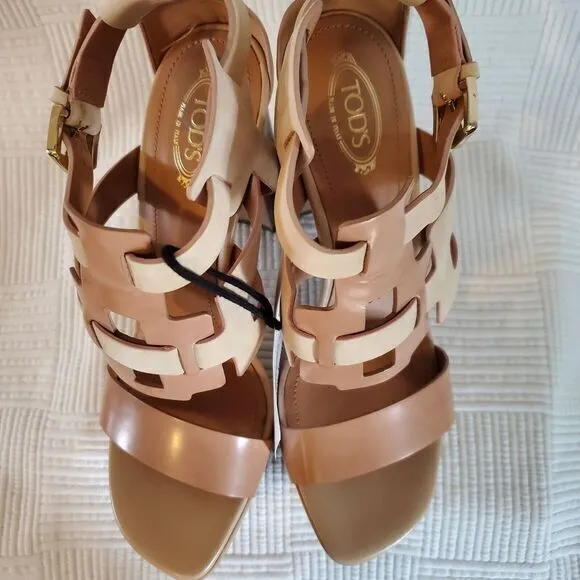 Tod's Italy Leather T-Bar Ankle Strap Platform‎ Heels Sandals Size 37.5