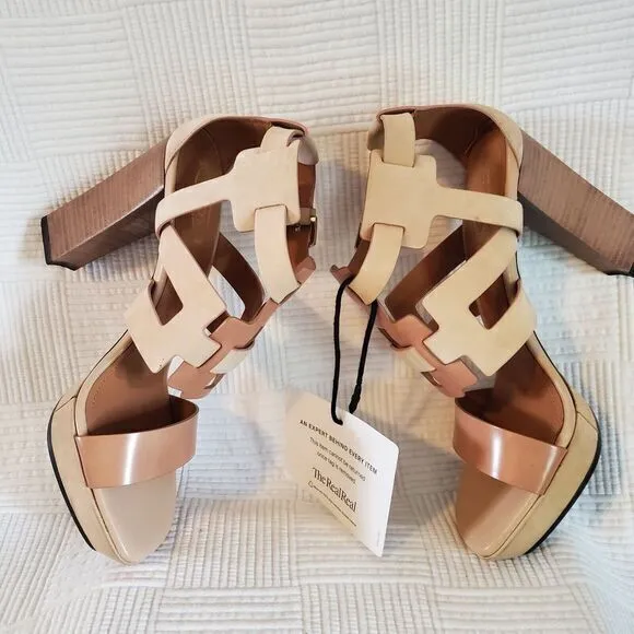 Tod's Italy Leather T-Bar Ankle Strap Platform‎ Heels Sandals Size 37.5