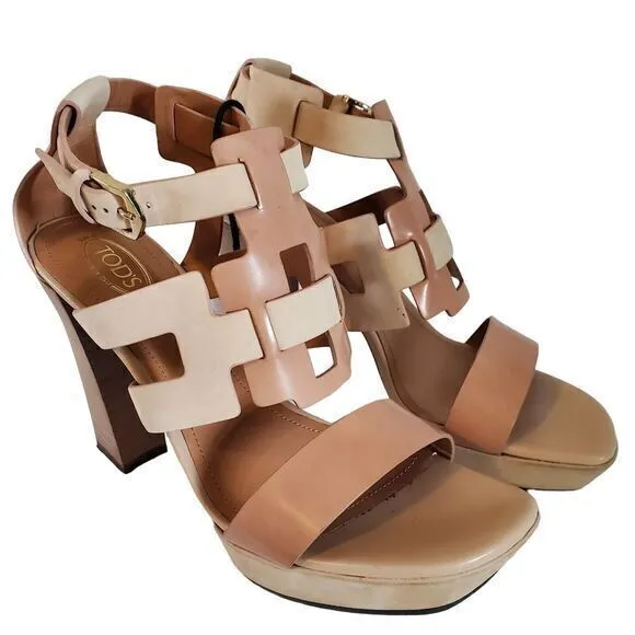 Tod's Italy Leather T-Bar Ankle Strap Platform‎ Heels Sandals Size 37.5