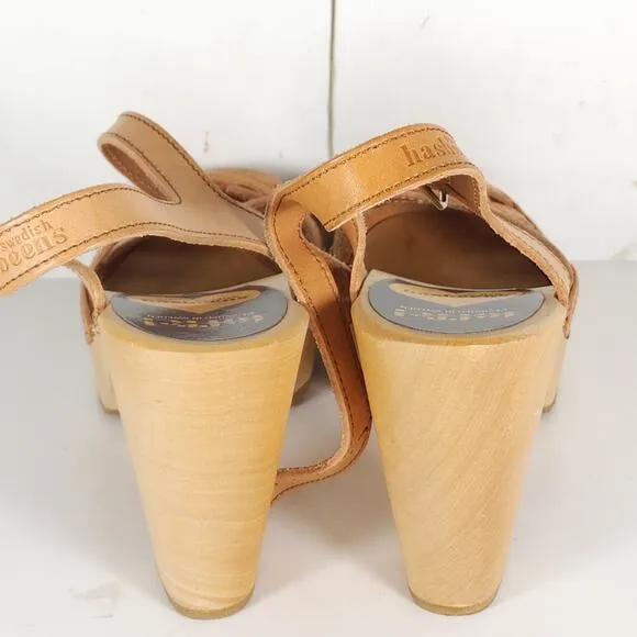 Toffel Swedish Hasbeens Women's 39 US8,5 Leather Tan Mary Jane Platform Sandals