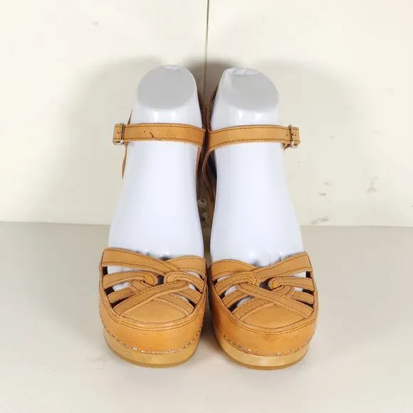 Toffel Swedish Hasbeens Women's 39 US8,5 Leather Tan Mary Jane Platform Sandals