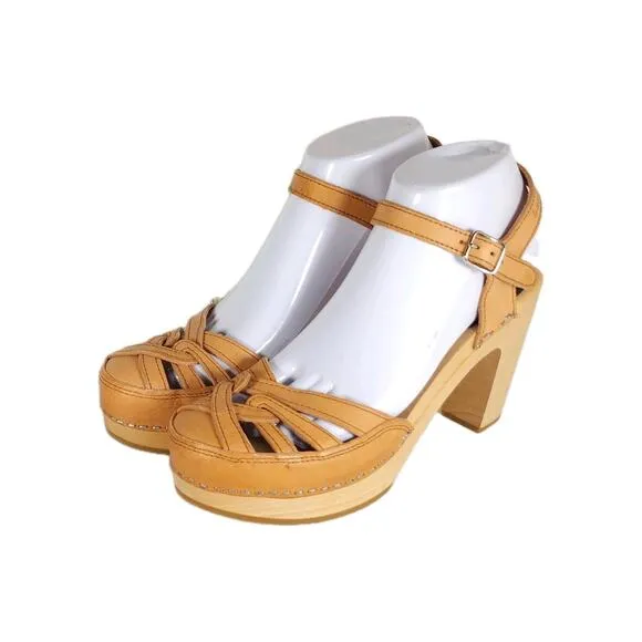 Toffel Swedish Hasbeens Women's 39 US8,5 Leather Tan Mary Jane Platform Sandals