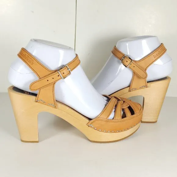 Toffel Swedish Hasbeens Women's 39 US8,5 Leather Tan Mary Jane Platform Sandals