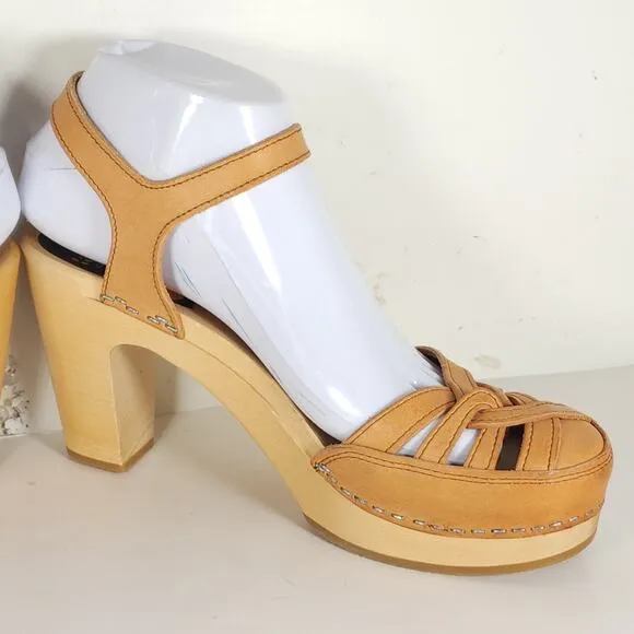 Toffel Swedish Hasbeens Women's 39 US8,5 Leather Tan Mary Jane Platform Sandals