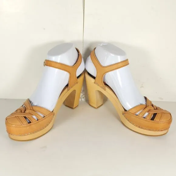 Toffel Swedish Hasbeens Women's 39 US8,5 Leather Tan Mary Jane Platform Sandals