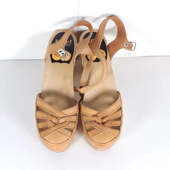 Toffel Swedish Hasbeens Women's 39 US8,5 Leather Tan Mary Jane Platform Sandals