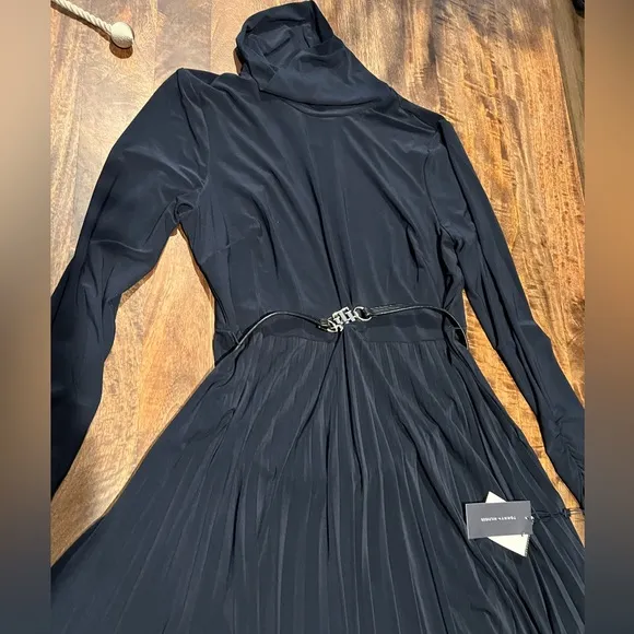 Tommy Hilfiger Rare Beautiful Midi Dark Blue Mock Neck Belted Dress