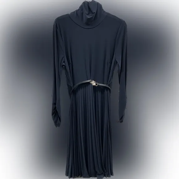 Tommy Hilfiger Rare Beautiful Midi Dark Blue Mock Neck Belted Dress