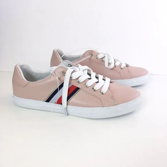 Tommy Hilfiger Women 9 Twlenka Sneakers Pink Striped Leather Lace Up NEW