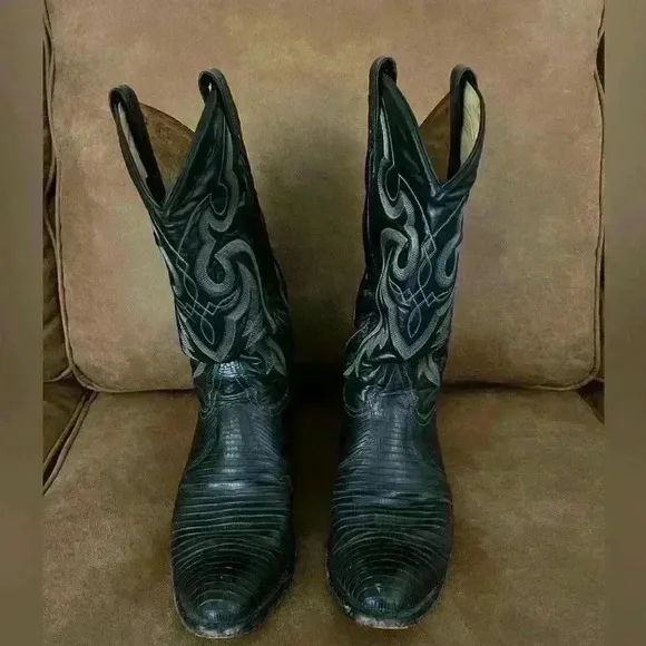 Tony Lama Mens 8539 Black Exotic Teju Lizard Western Cowboy Boots Size 10 D