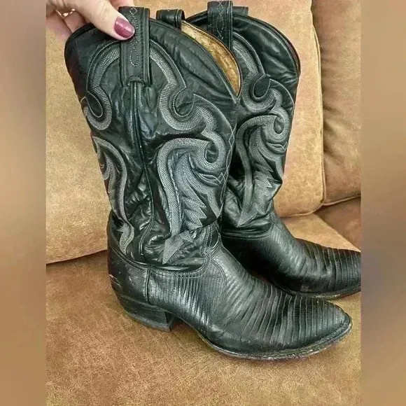 Tony Lama Mens 8539 Black Exotic Teju Lizard Western Cowboy Boots Size 10 D