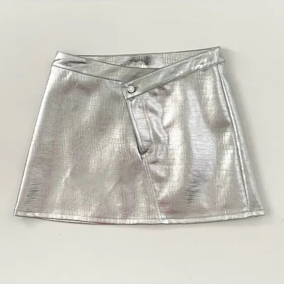 Torn By Ronny Kobo Silver Metallic Donnie Skirt Asymmetrical Waist M Spacecore